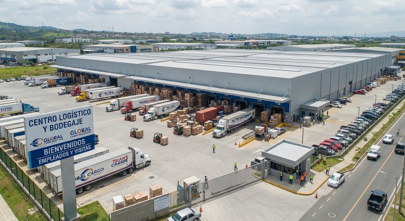 Vista aérea de un centro logístico con patio de contenedores y bodegas