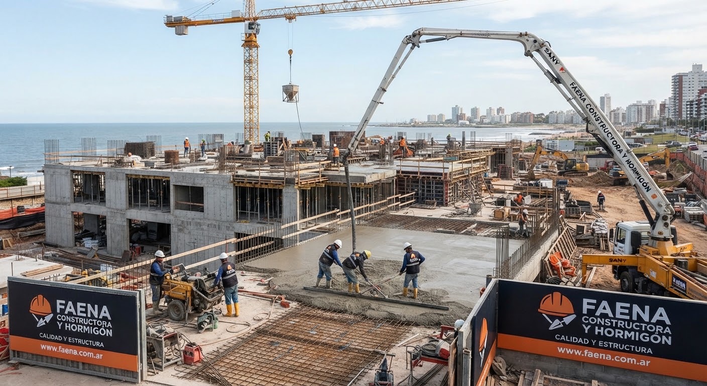 Obra en construcción con grúa torre y cuadrilla vertiendo hormigón