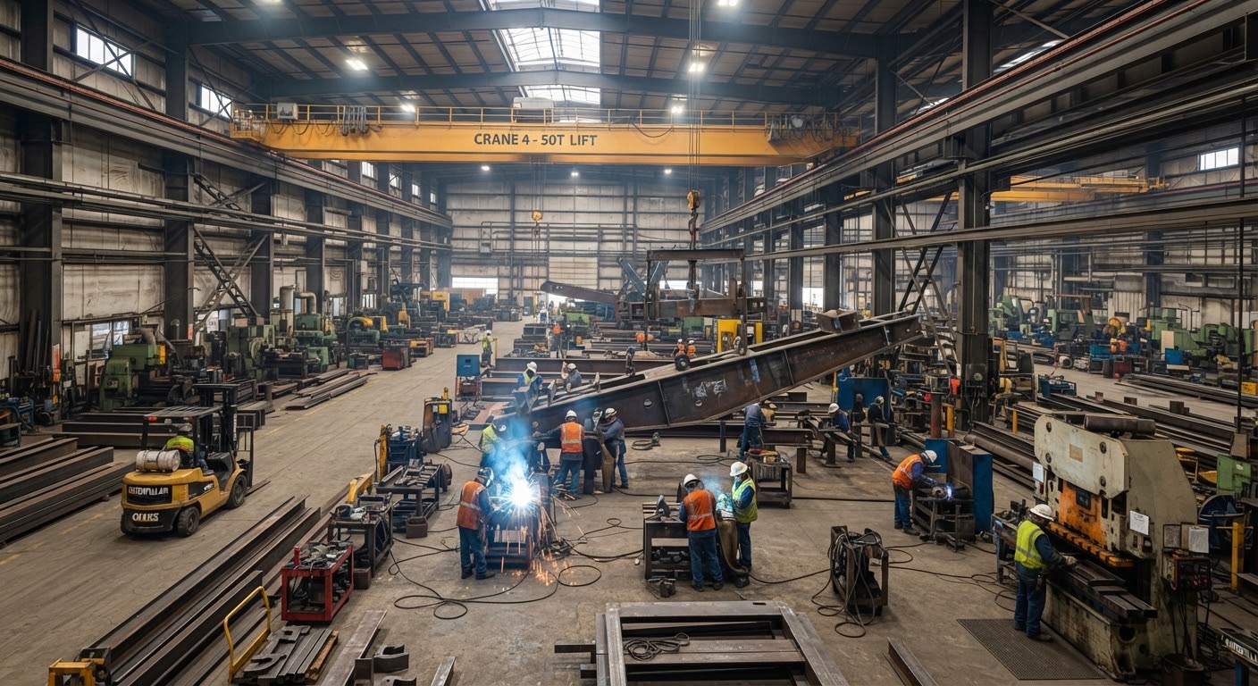 Planta de manufactura pesada con operarios soldando